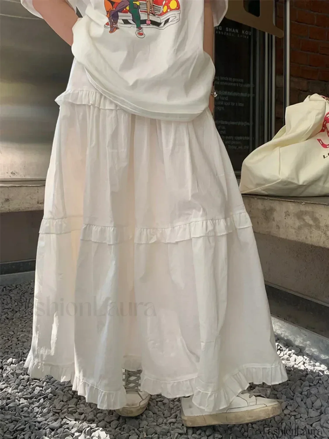 Ruffle Trim White Korean Style Elastic Waist Swing Skirt - Image 13
