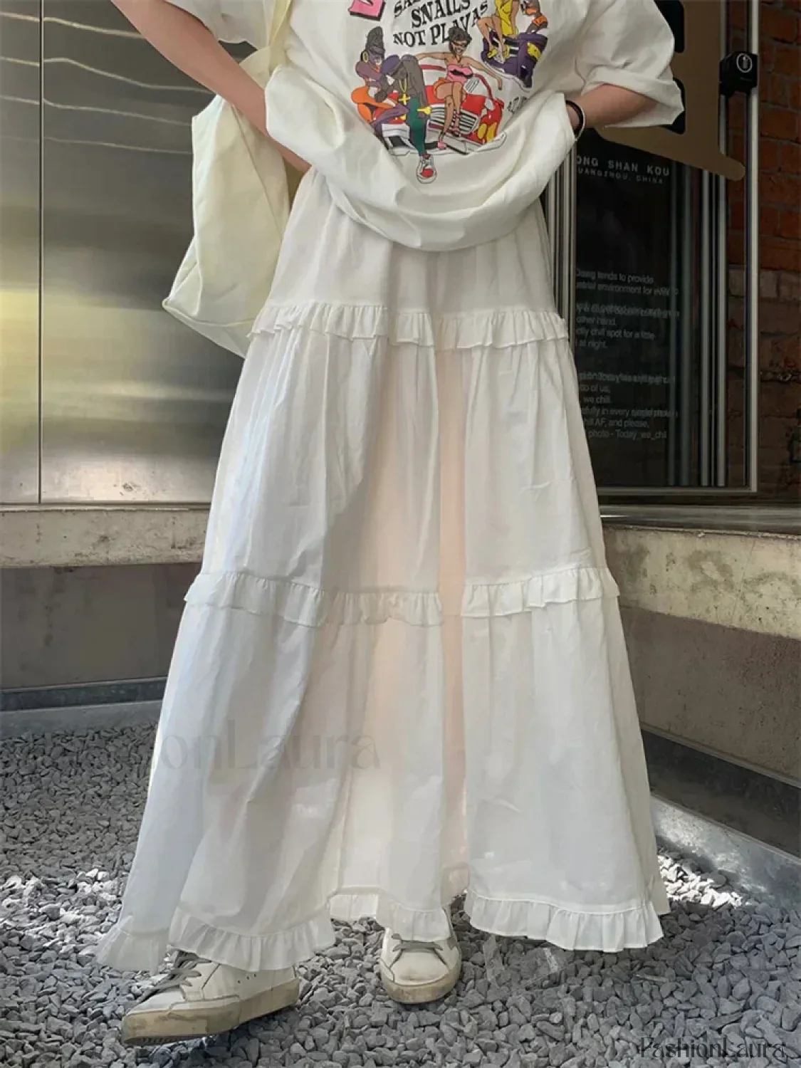 Ruffle Trim White Korean Style Elastic Waist Swing Skirt - Image 14