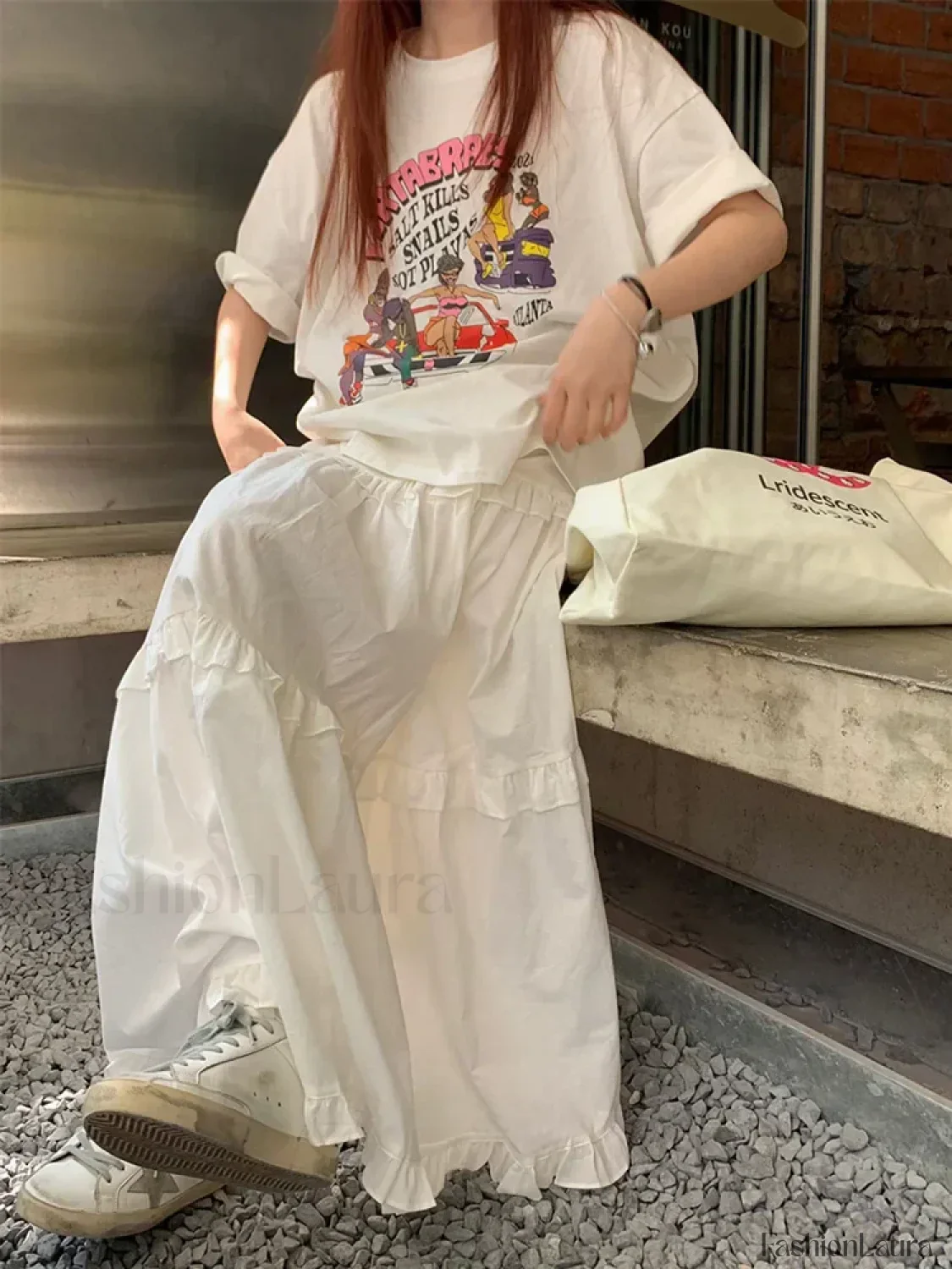 Ruffle Trim White Korean Style Elastic Waist Swing Skirt - Image 15