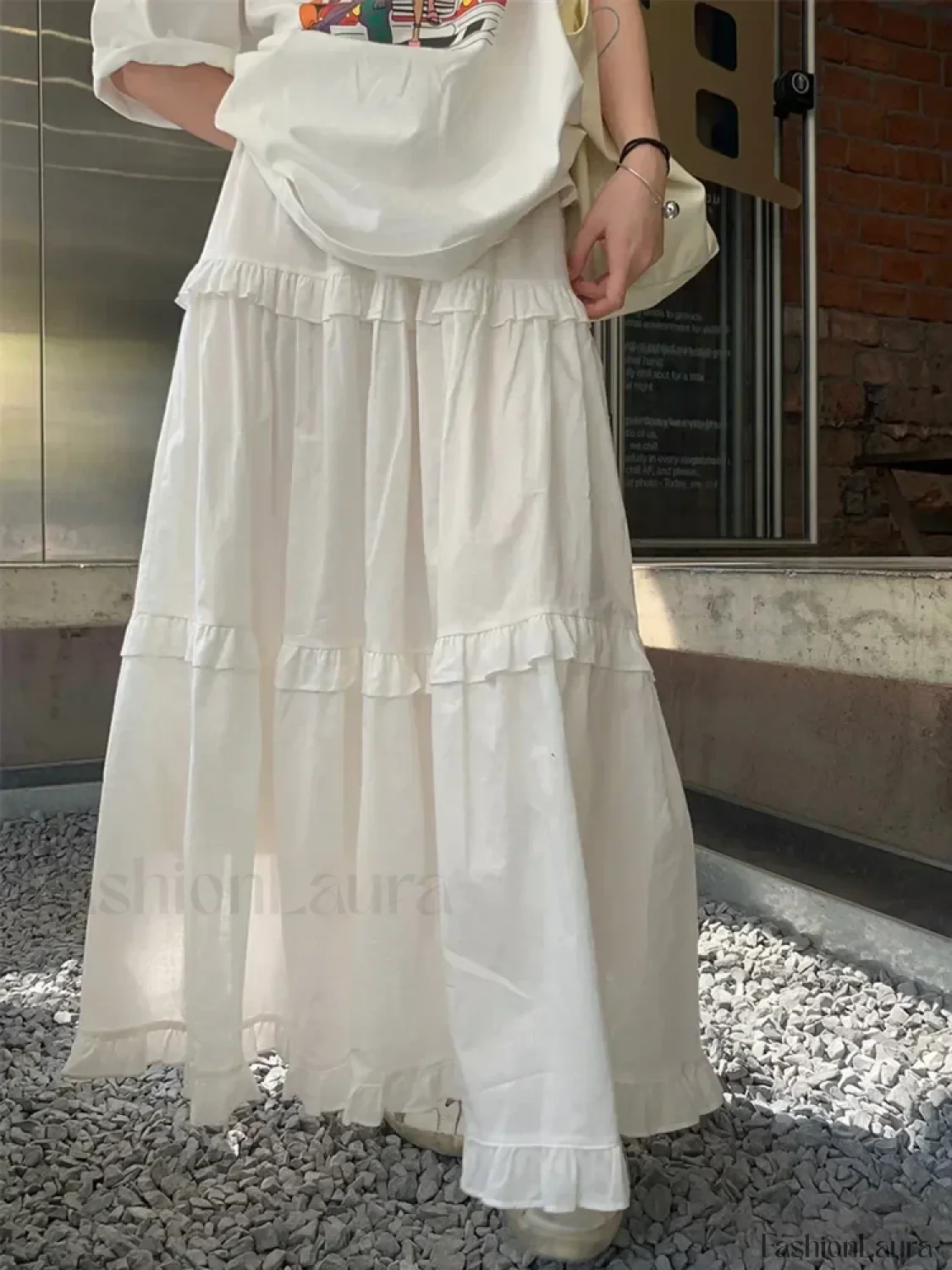 Ruffle Trim White Korean Style Elastic Waist Swing Skirt - Image 18