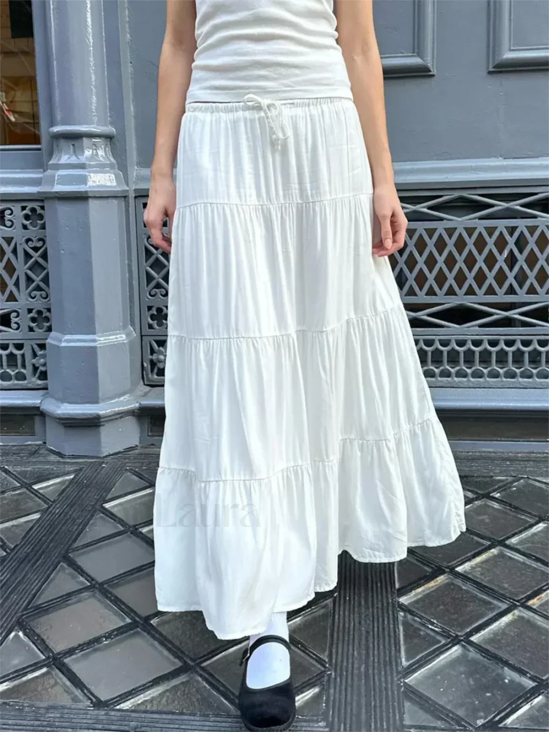 High Waist A-line Loose Faldas Casual Simple Short Sleeve Tee - Image 12