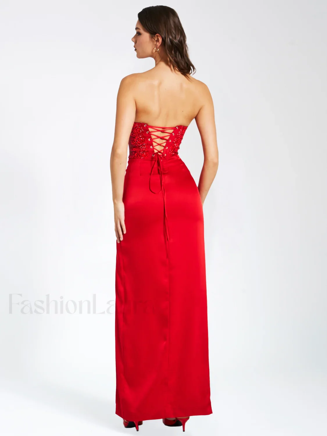 Kadesha Red Crystal High Graceful Slit Satin Corset Gown - Image 10