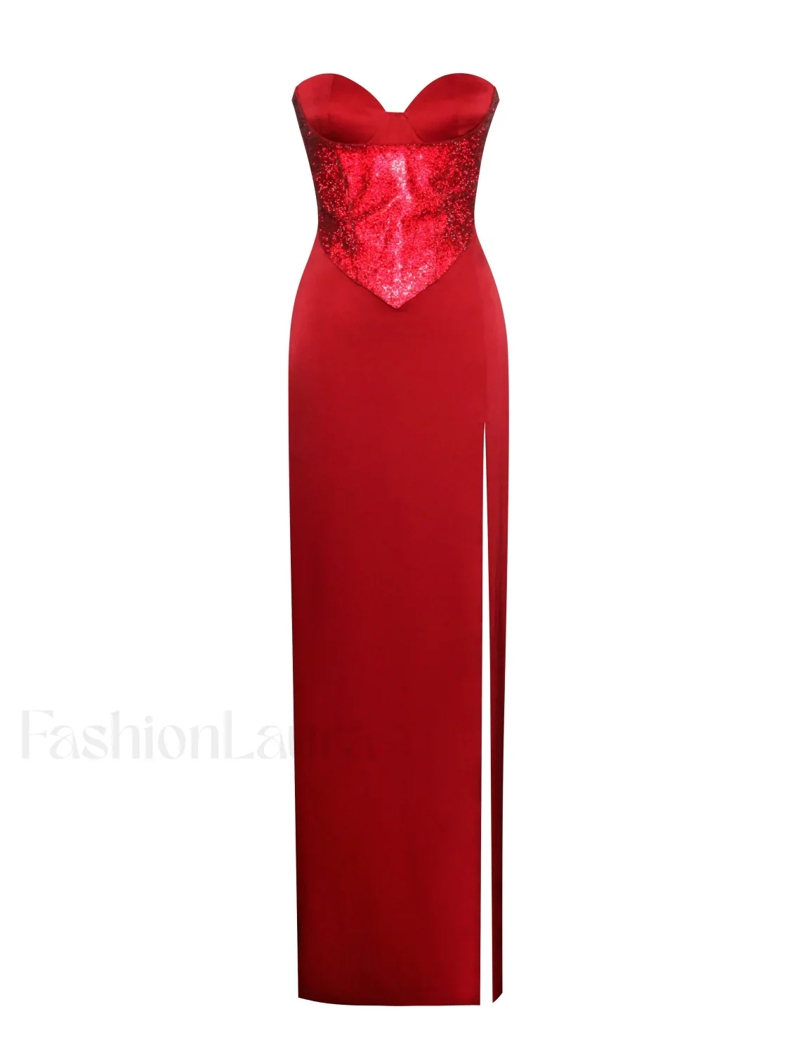Kadesha Red Crystal High Graceful Slit Satin Corset Gown - Image 11