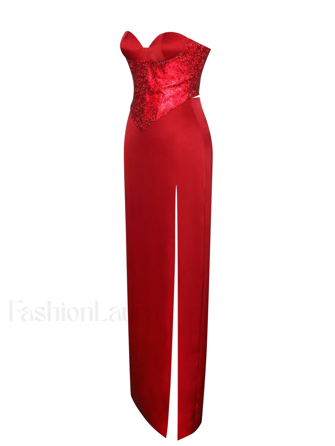 Kadesha Red Crystal High Graceful Slit Satin Corset Gown - Image 12