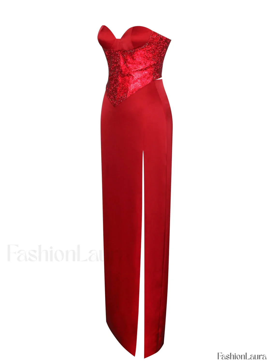 Kadesha Red Crystal High Graceful Slit Satin Corset Gown - Image 17