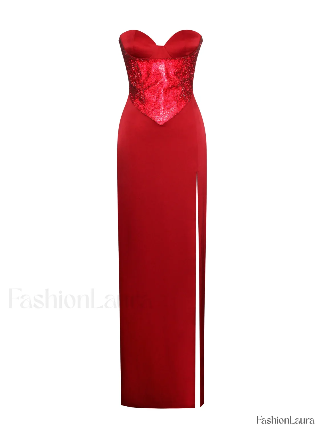 Kadesha Red Crystal High Graceful Slit Satin Corset Gown - Image 20