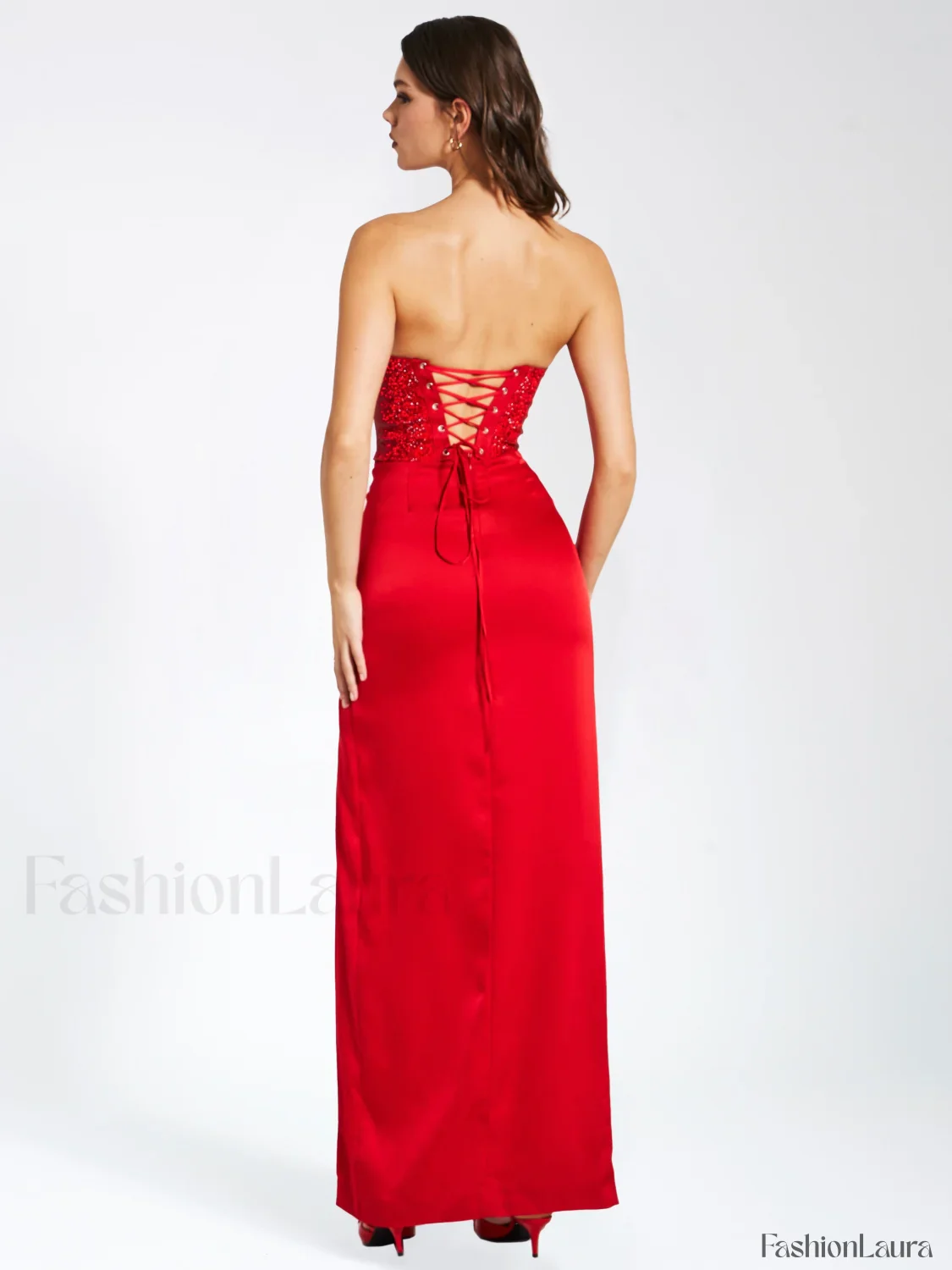 Kadesha Red Crystal High Graceful Slit Satin Corset Gown - Image 21