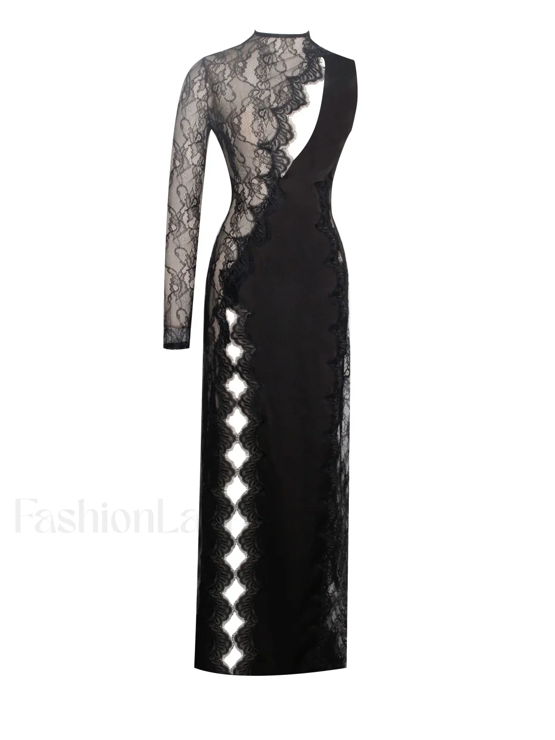 Weslyn Black Satin Charming Lace High Slit Dress - Image 22