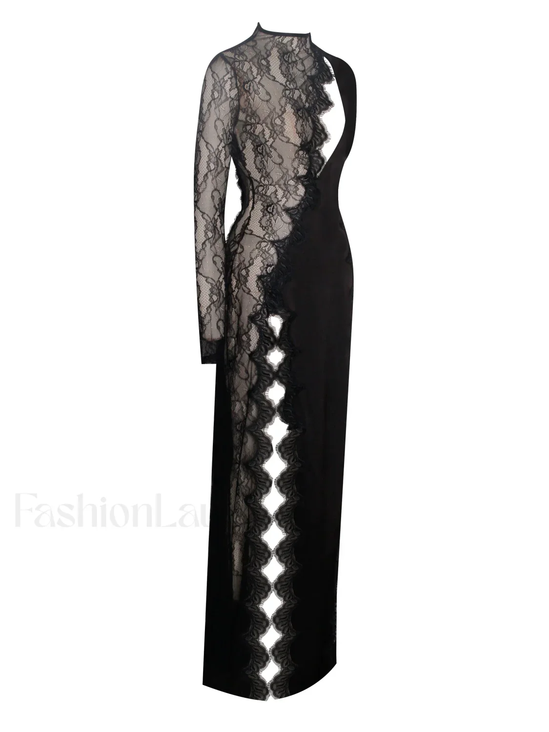 Weslyn Black Satin Charming Lace High Slit Dress - Image 23