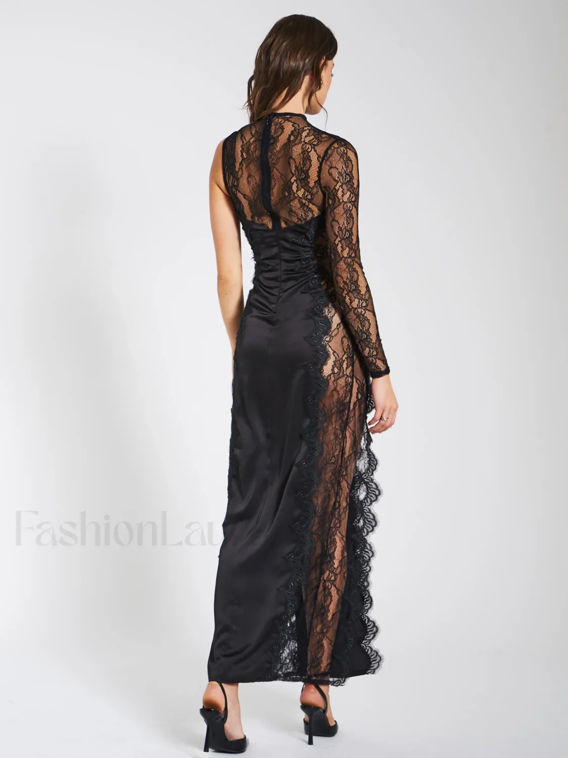 Weslyn Black Satin Charming Lace High Slit Dress - Image 29