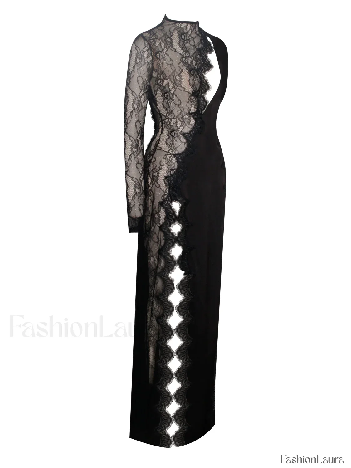 Weslyn Black Satin Charming Lace High Slit Dress - Image 38
