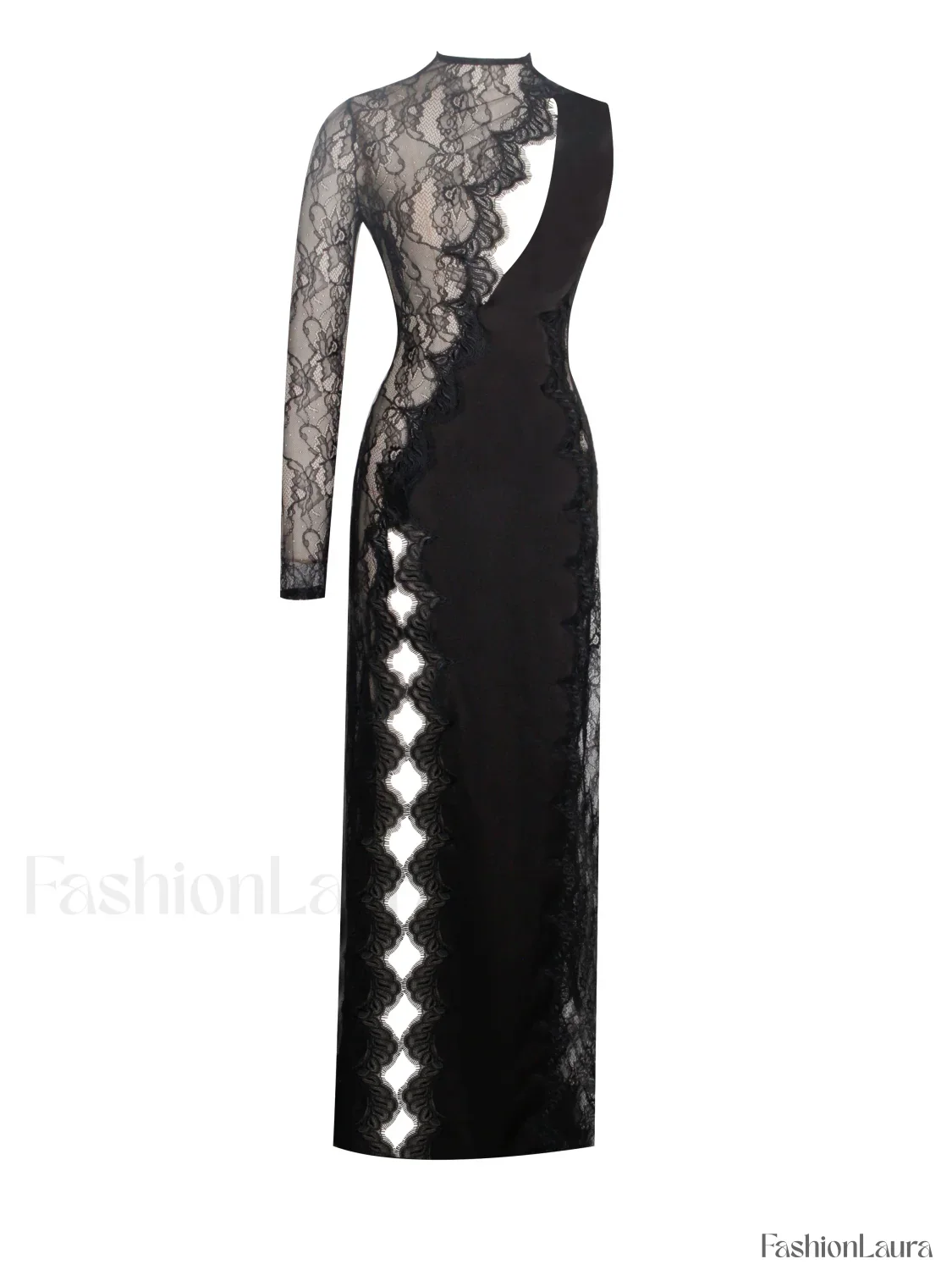 Weslyn Black Satin Charming Lace High Slit Dress - Image 40