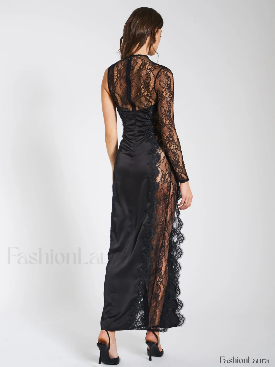Weslyn Black Satin Charming Lace High Slit Dress - Image 44