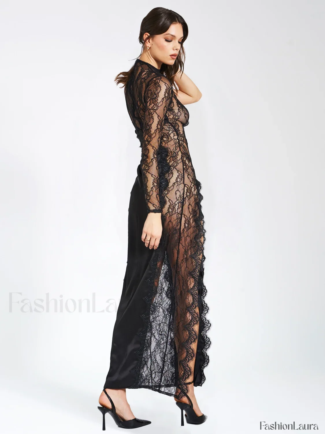 Weslyn Black Satin Charming Lace High Slit Dress - Image 47