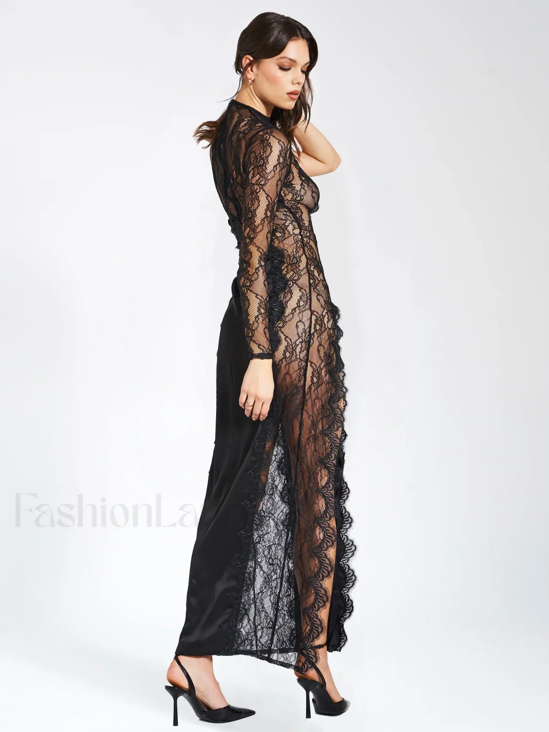 Weslyn Black Satin Charming Lace High Slit Dress - Image 6