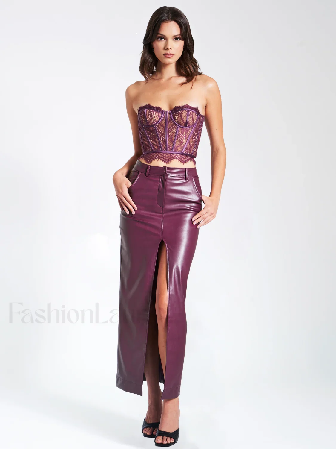 Noya Purple Front Charming Slit Vegan Leather Skirt - Image 23