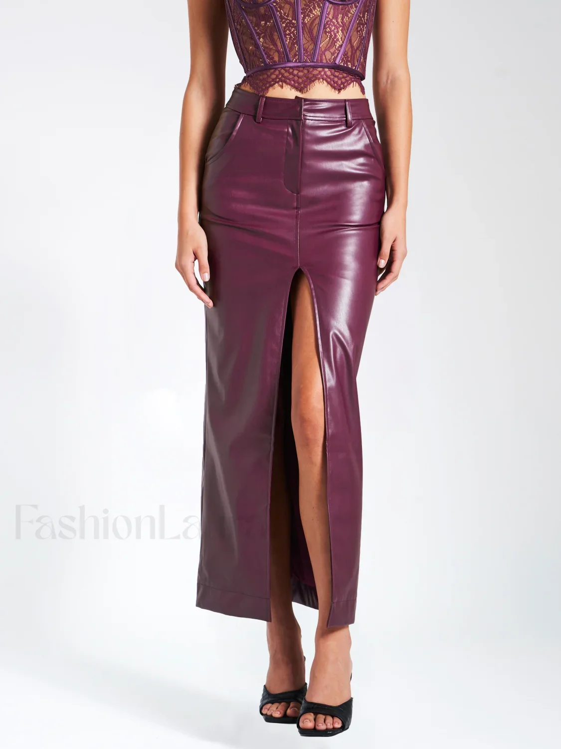 Noya Purple Front Charming Slit Vegan Leather Skirt - Image 24