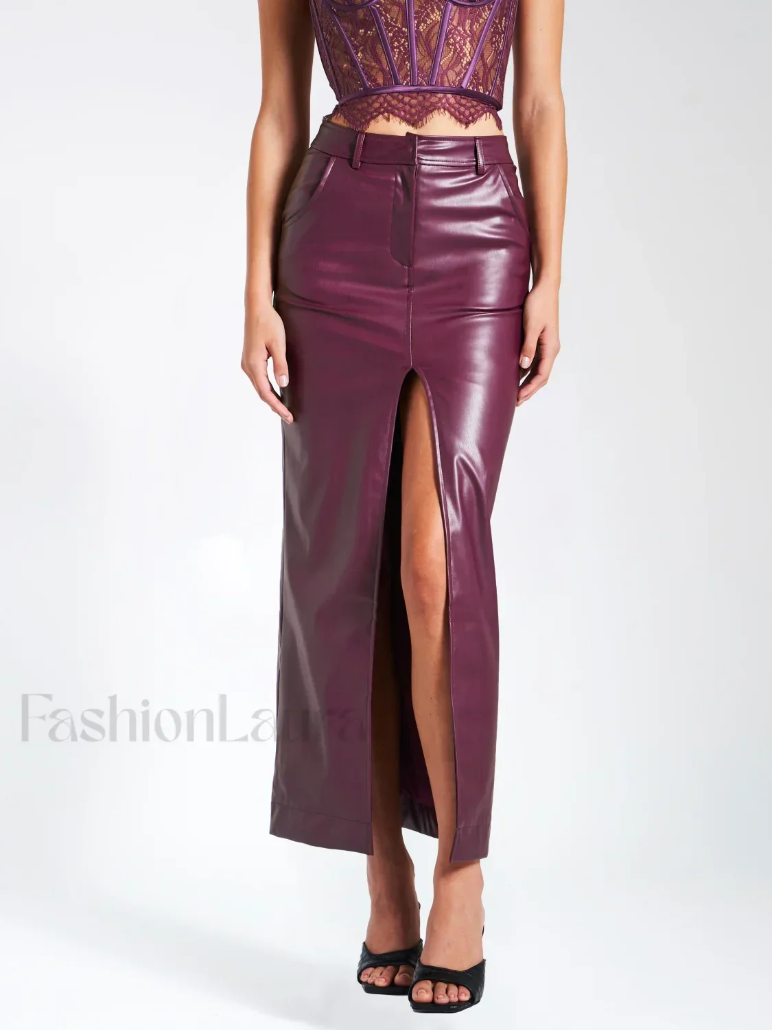 Noya Purple Front Charming Slit Vegan Leather Skirt - Image 3