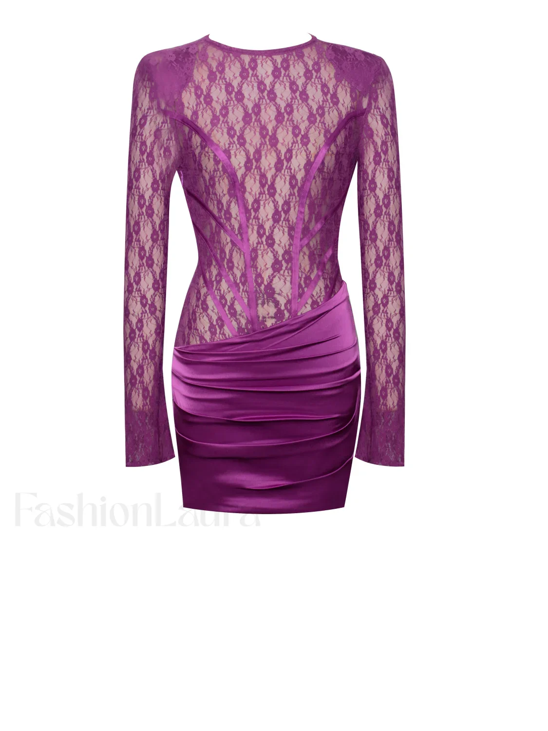 Quartney Purple Long Sleeve Graceful Lace Satin Mini Dress - Image 10