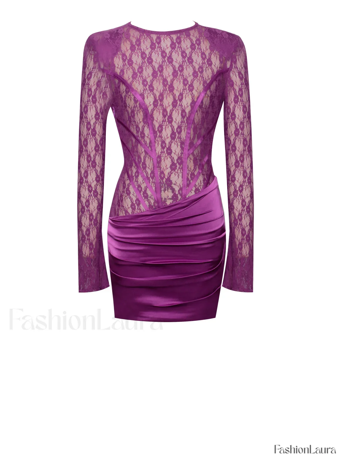 Quartney Purple Long Sleeve Graceful Lace Satin Mini Dress - Image 17