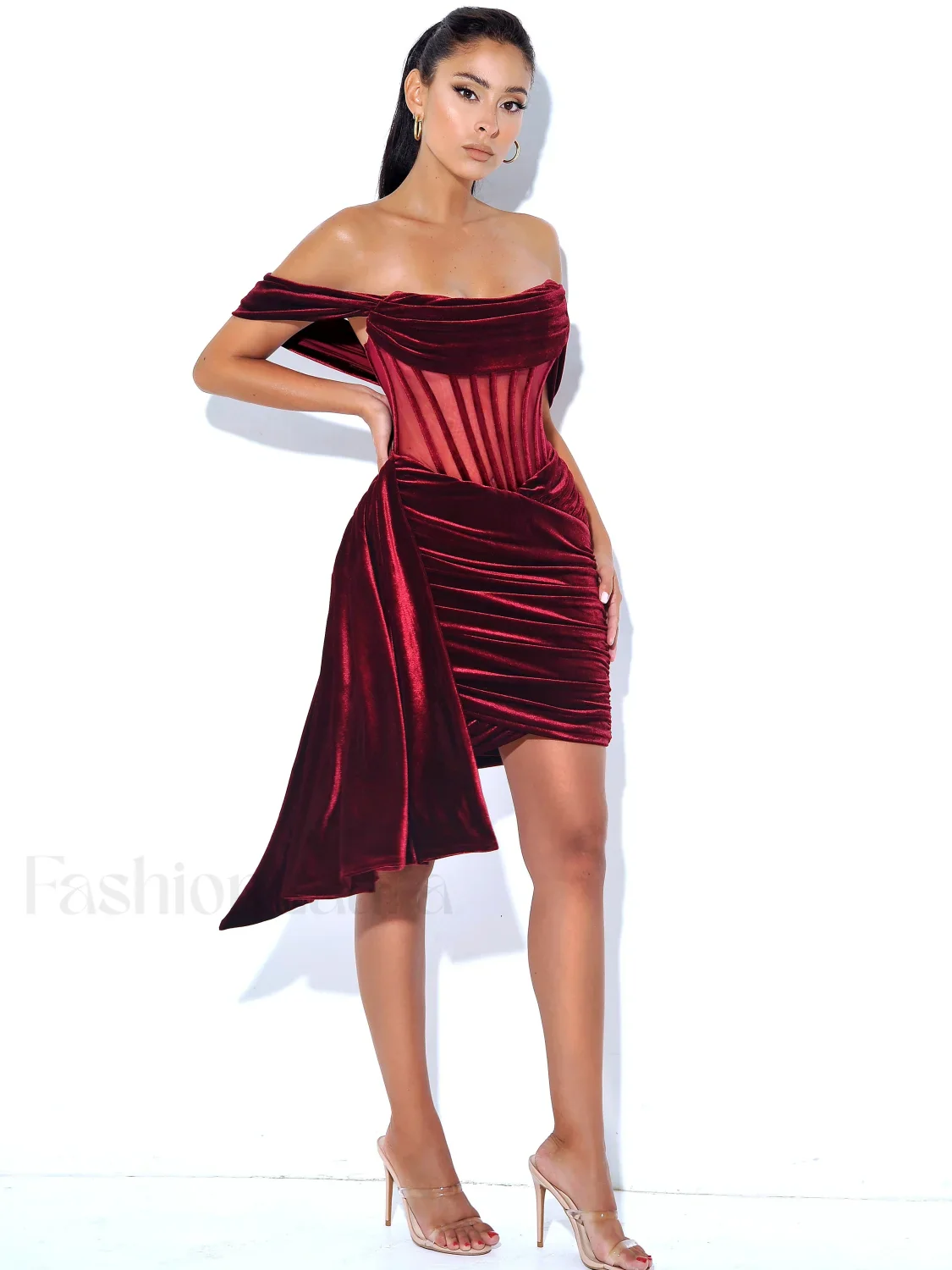 Irisa Burgundy Draping Charming Off Shoulder Corset Dress - Image 24