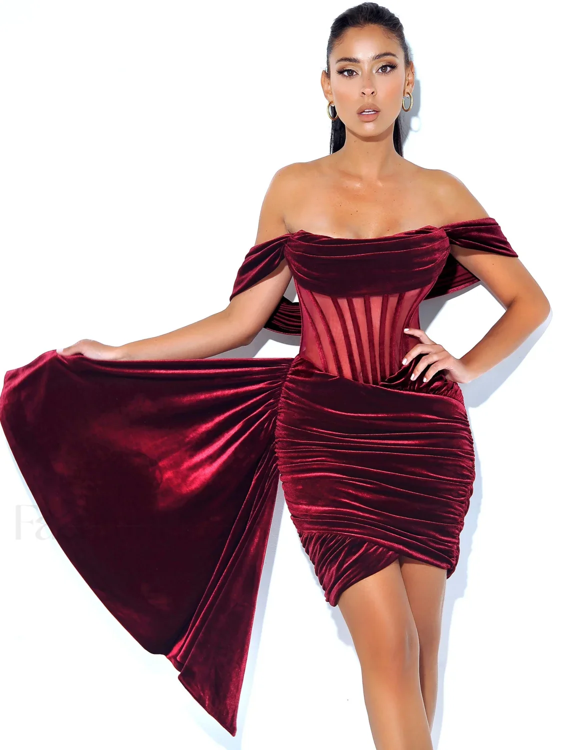 Irisa Burgundy Draping Charming Off Shoulder Corset Dress - Image 31