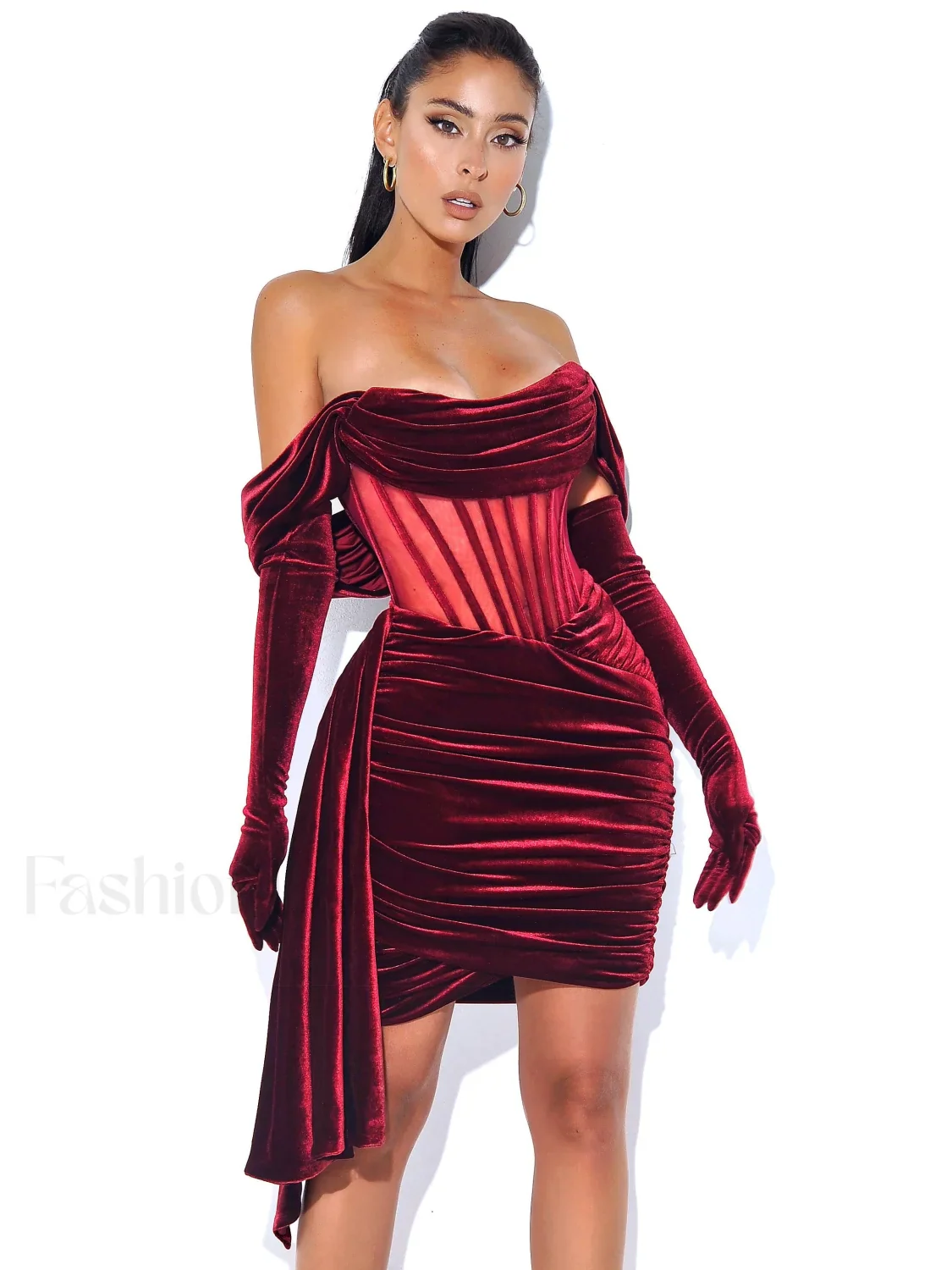Irisa Burgundy Draping Charming Off Shoulder Corset Dress - Image 34