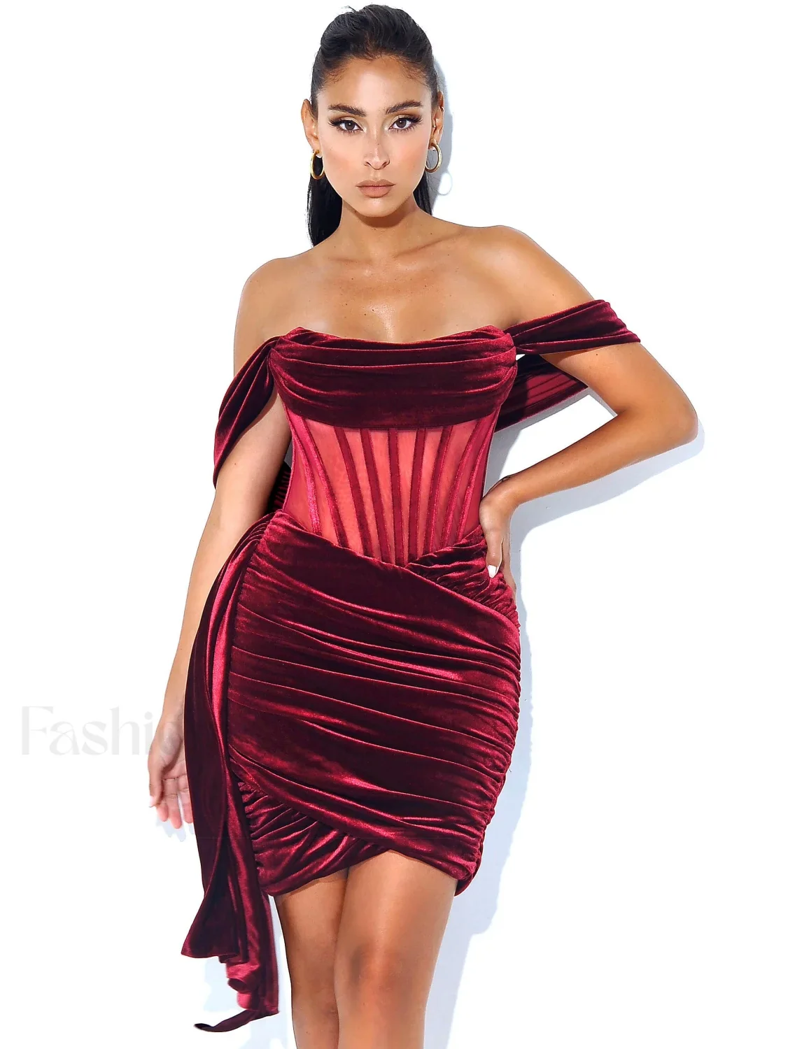 Irisa Burgundy Draping Charming Off Shoulder Corset Dress - Image 4