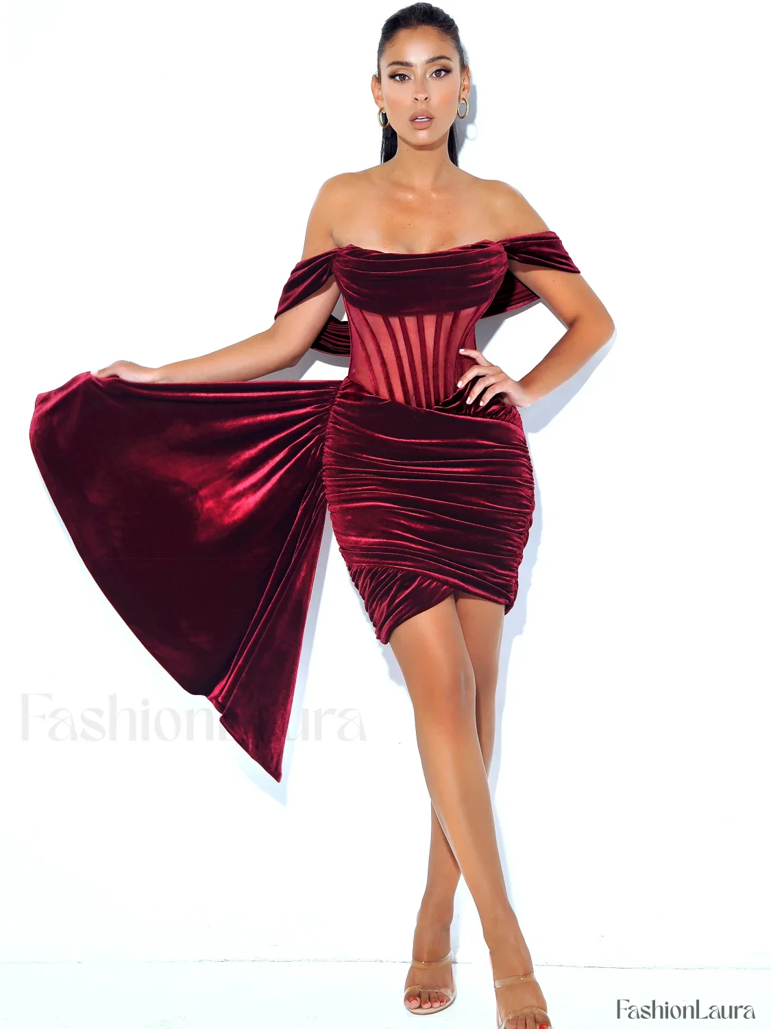 Irisa Burgundy Draping Charming Off Shoulder Corset Dress - Image 42
