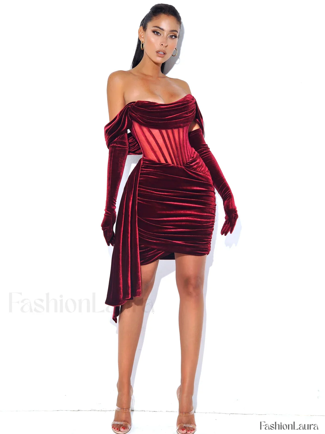 Irisa Burgundy Draping Charming Off Shoulder Corset Dress - Image 44