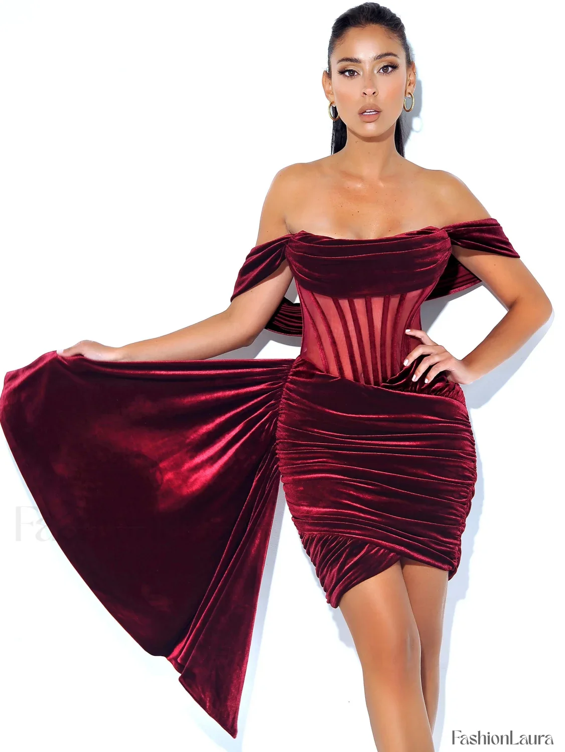 Irisa Burgundy Draping Charming Off Shoulder Corset Dress - Image 47