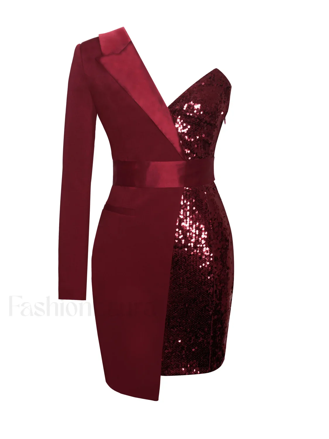 Silver Night Wine Red Graceful Sequin Crepe Tuxedo Blazer Dress - Image 18