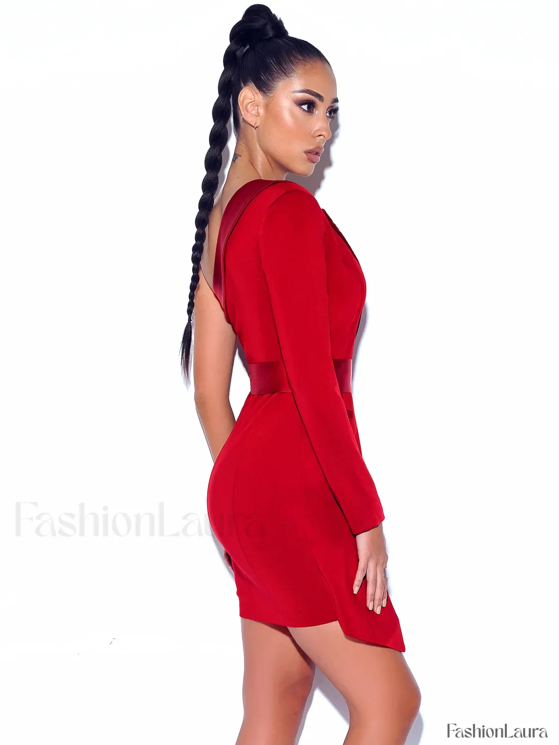 Silver Night Wine Red Graceful Sequin Crepe Tuxedo Blazer Dress - Image 29
