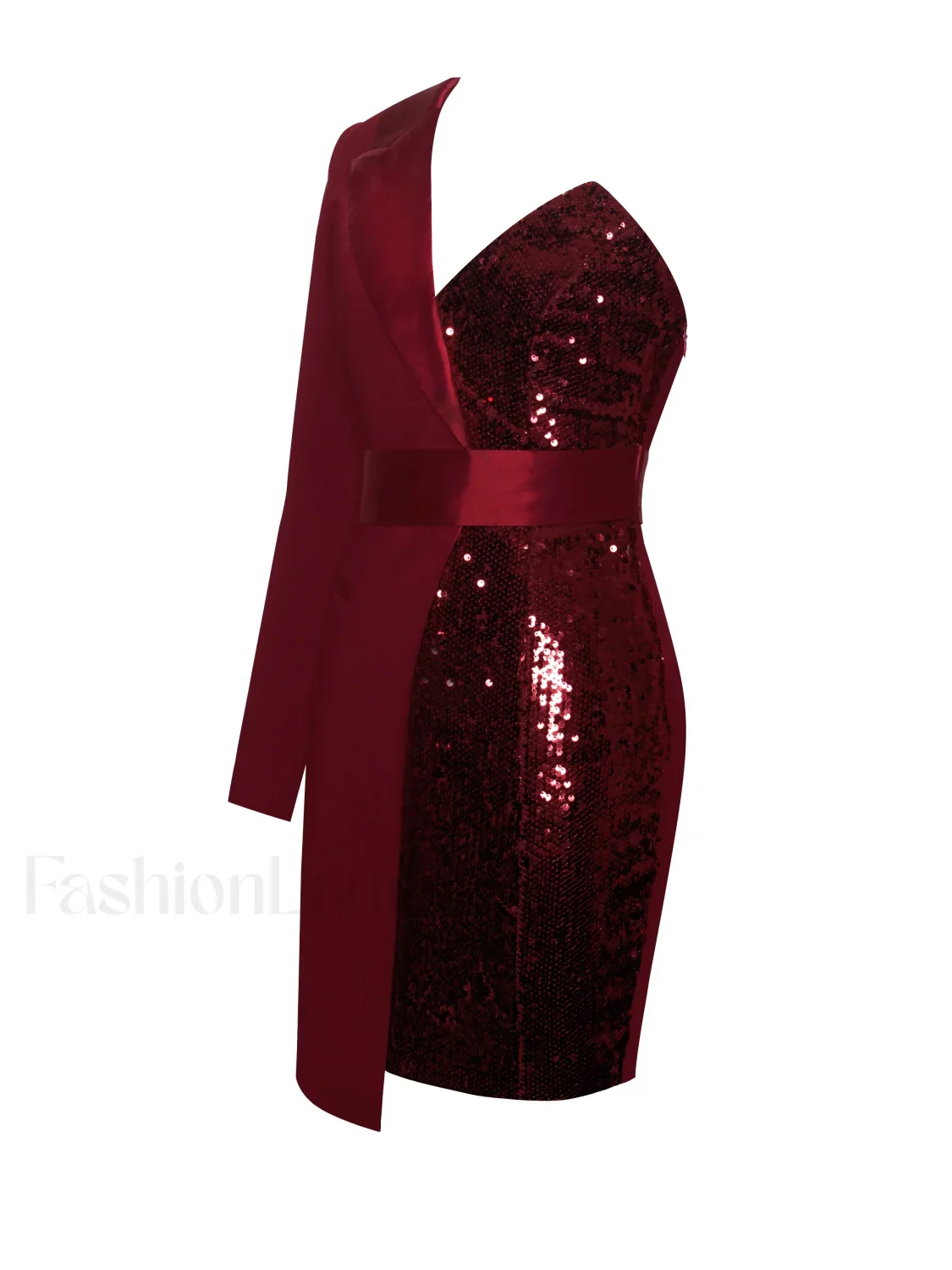 Silver Night Wine Red Graceful Sequin Crepe Tuxedo Blazer Dress - Image 9