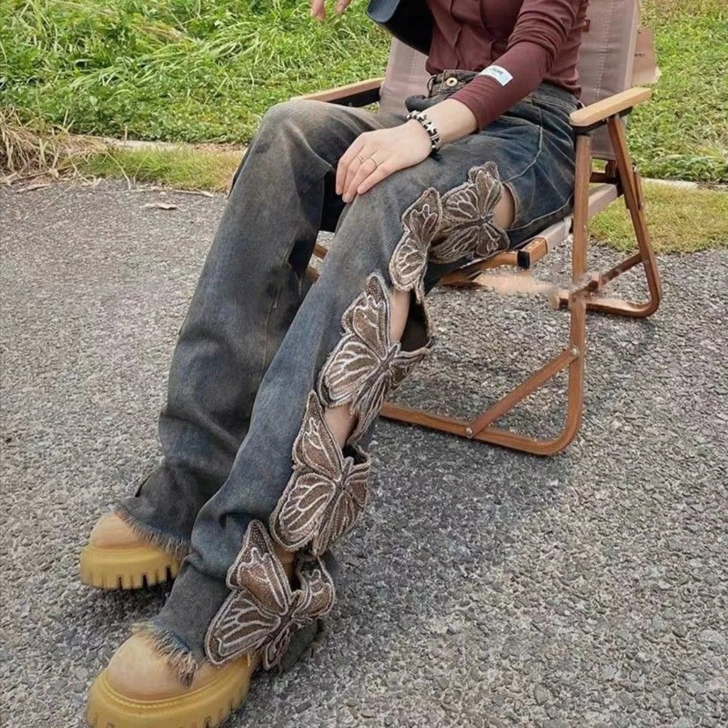 Aesthetic Side Graceful Butterflies Patchwork Jeans - Image 3