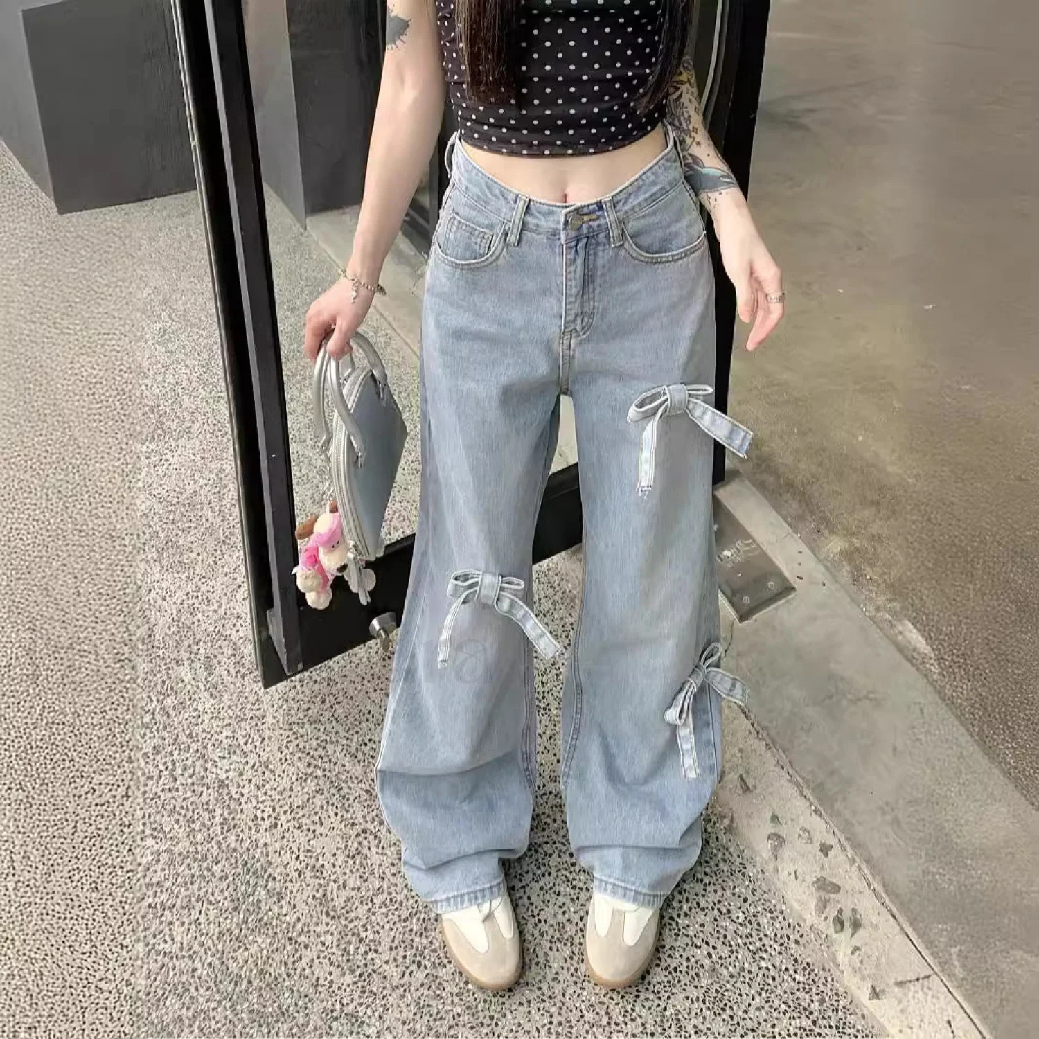 Denim Bow High Trendy Waist Wide Leg Jeans - Image 12