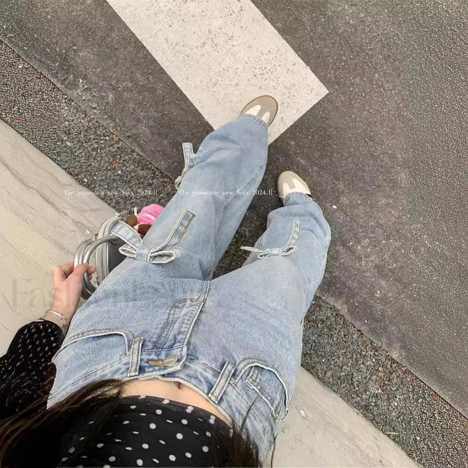 Denim Bow High Trendy Waist Wide Leg Jeans - Image 3