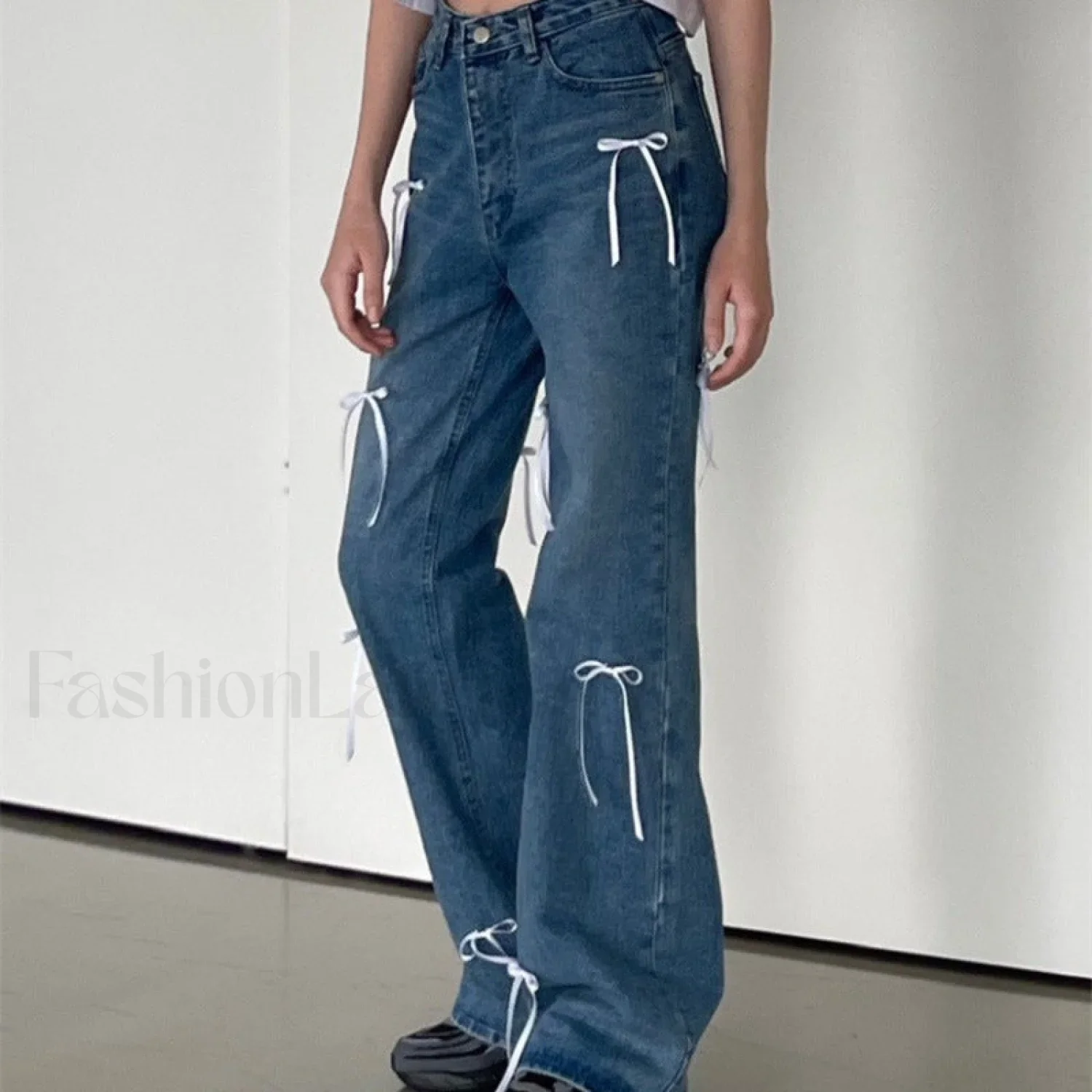 Vintage High Waist Trendy Bow Wide Leg Jeans - Image 14