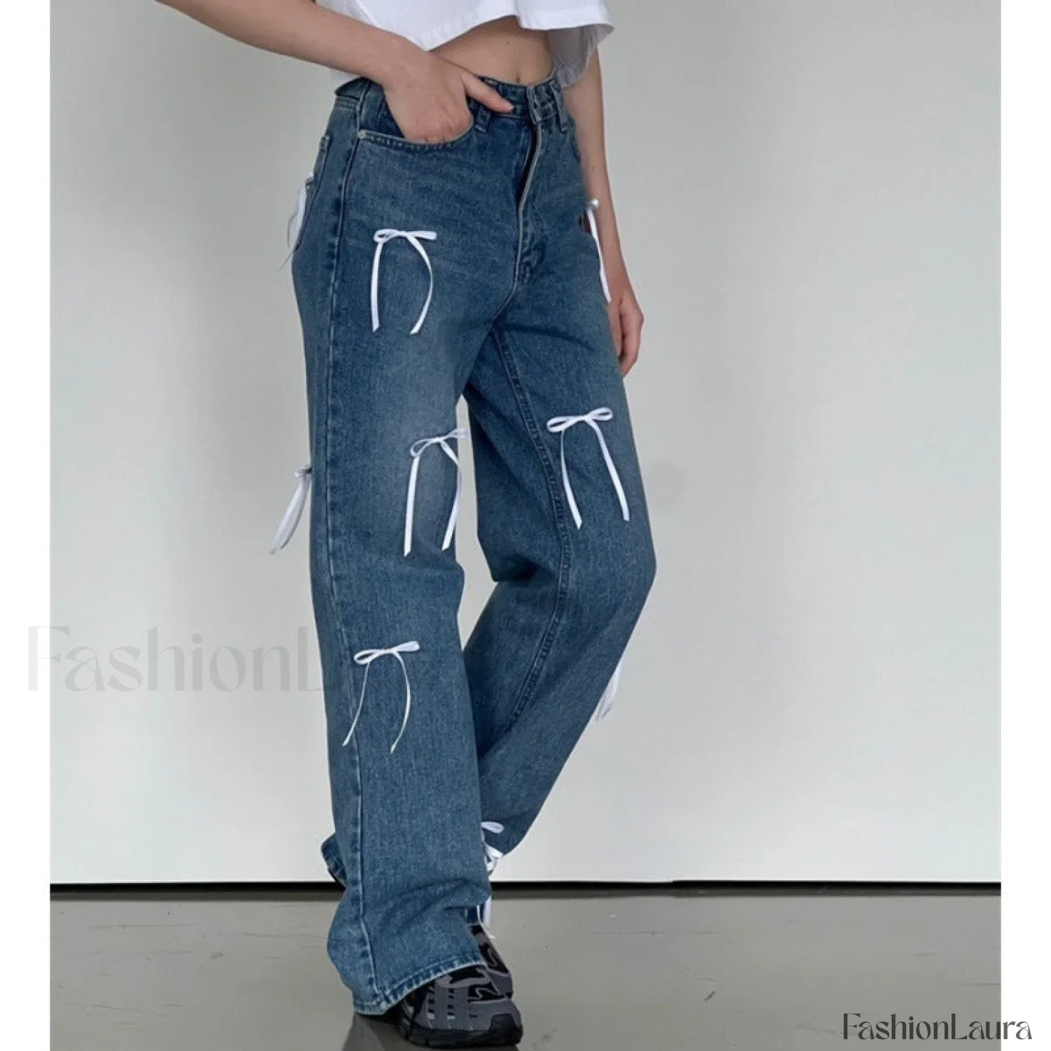 Vintage High Waist Trendy Bow Wide Leg Jeans - Image 17