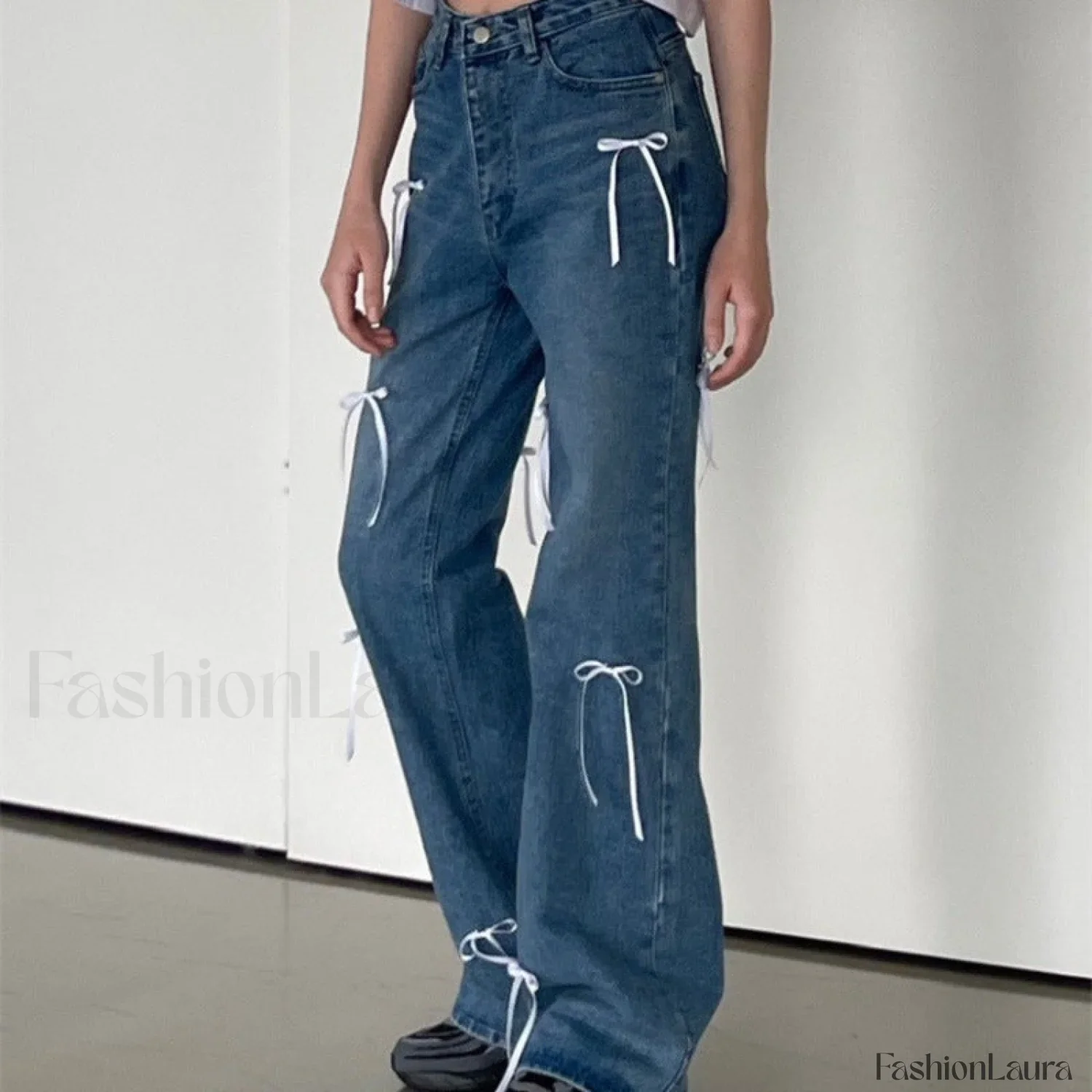 Vintage High Waist Trendy Bow Wide Leg Jeans - Image 18