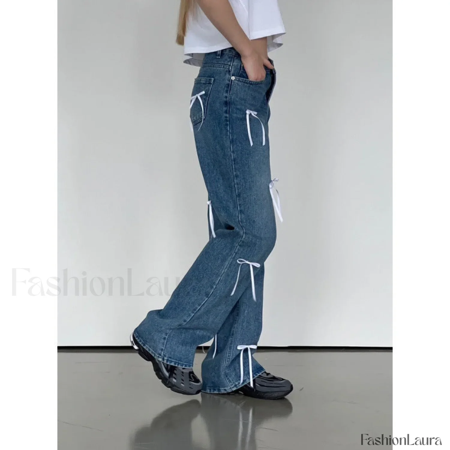 Vintage High Waist Trendy Bow Wide Leg Jeans - Image 19