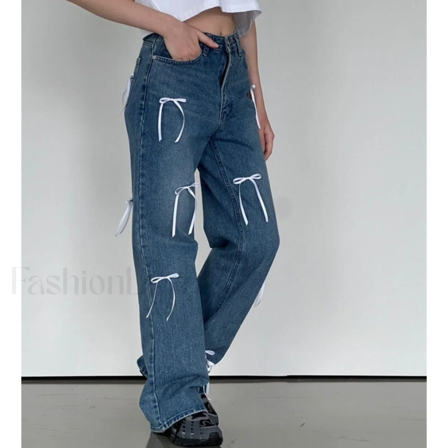 Vintage High Waist Trendy Bow Wide Leg Jeans - Image 2