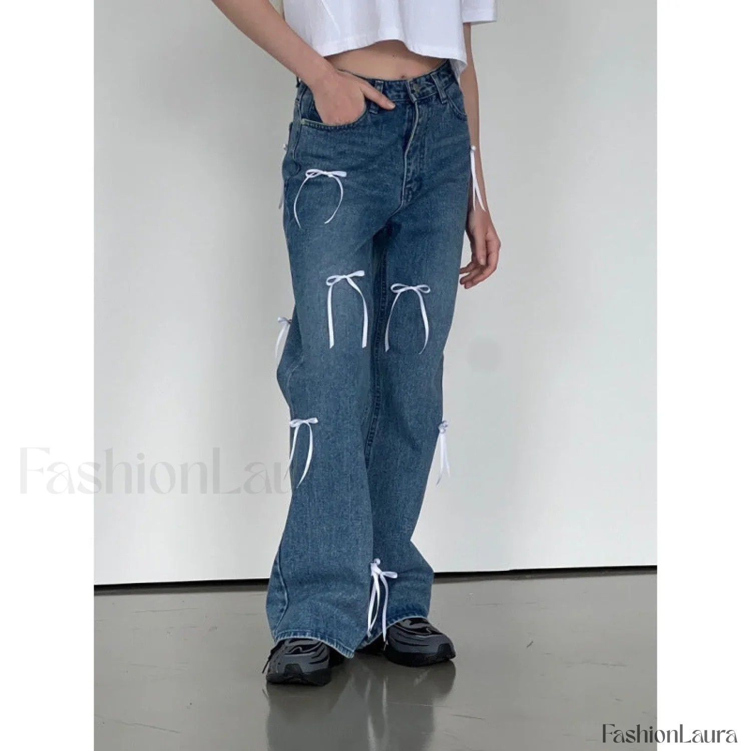 Vintage High Waist Trendy Bow Wide Leg Jeans - Image 20
