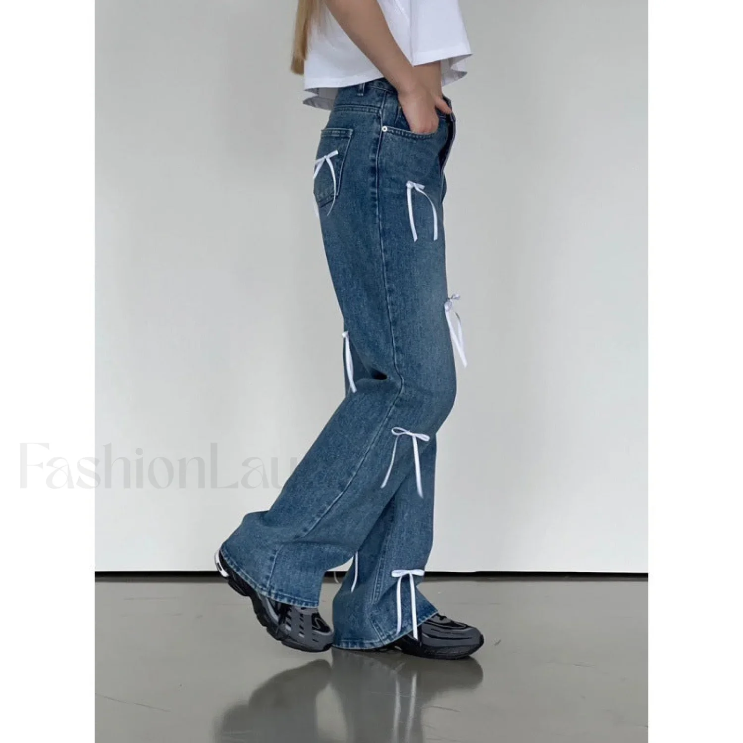 Vintage High Waist Trendy Bow Wide Leg Jeans - Image 6