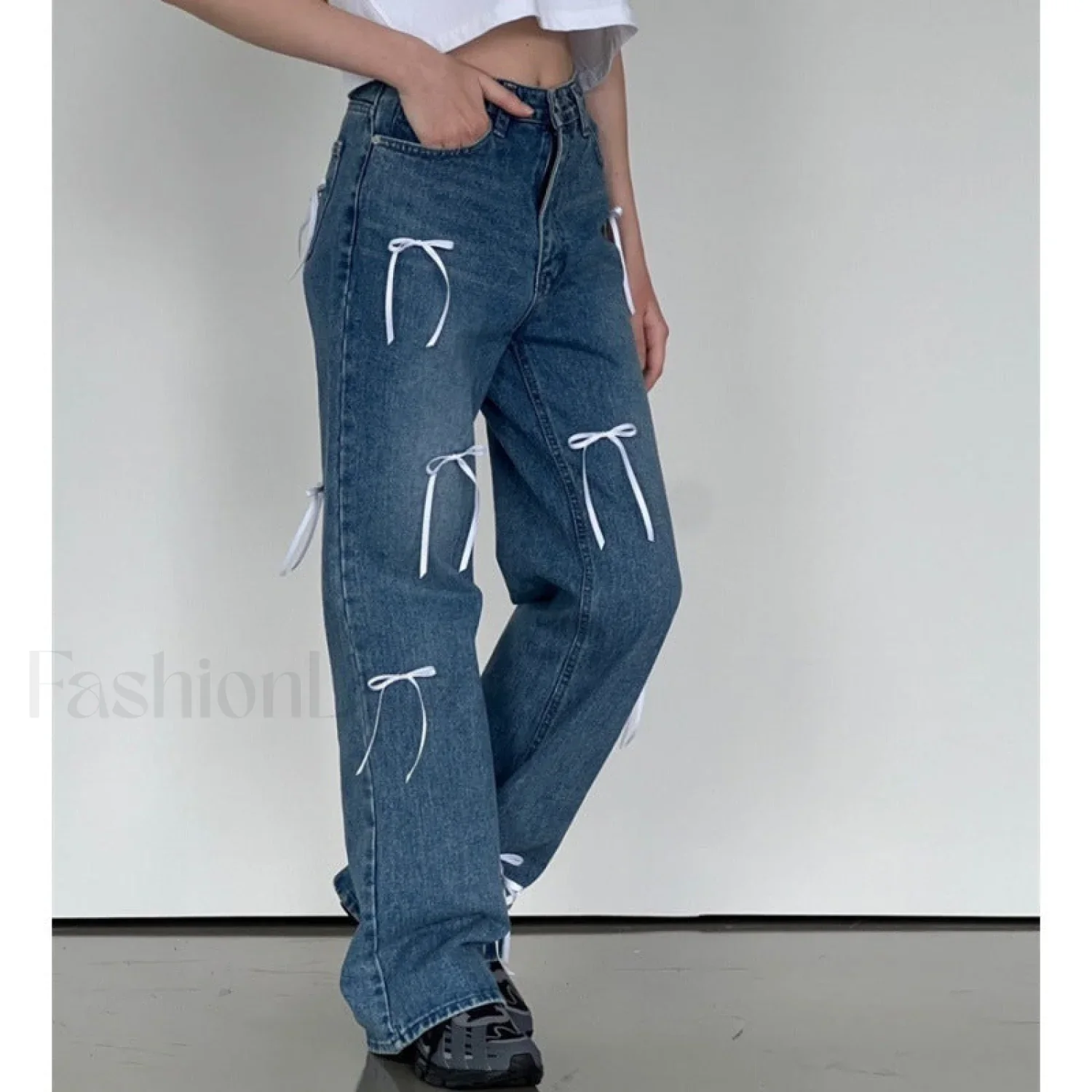 Vintage High Waist Trendy Bow Wide Leg Jeans - Image 9