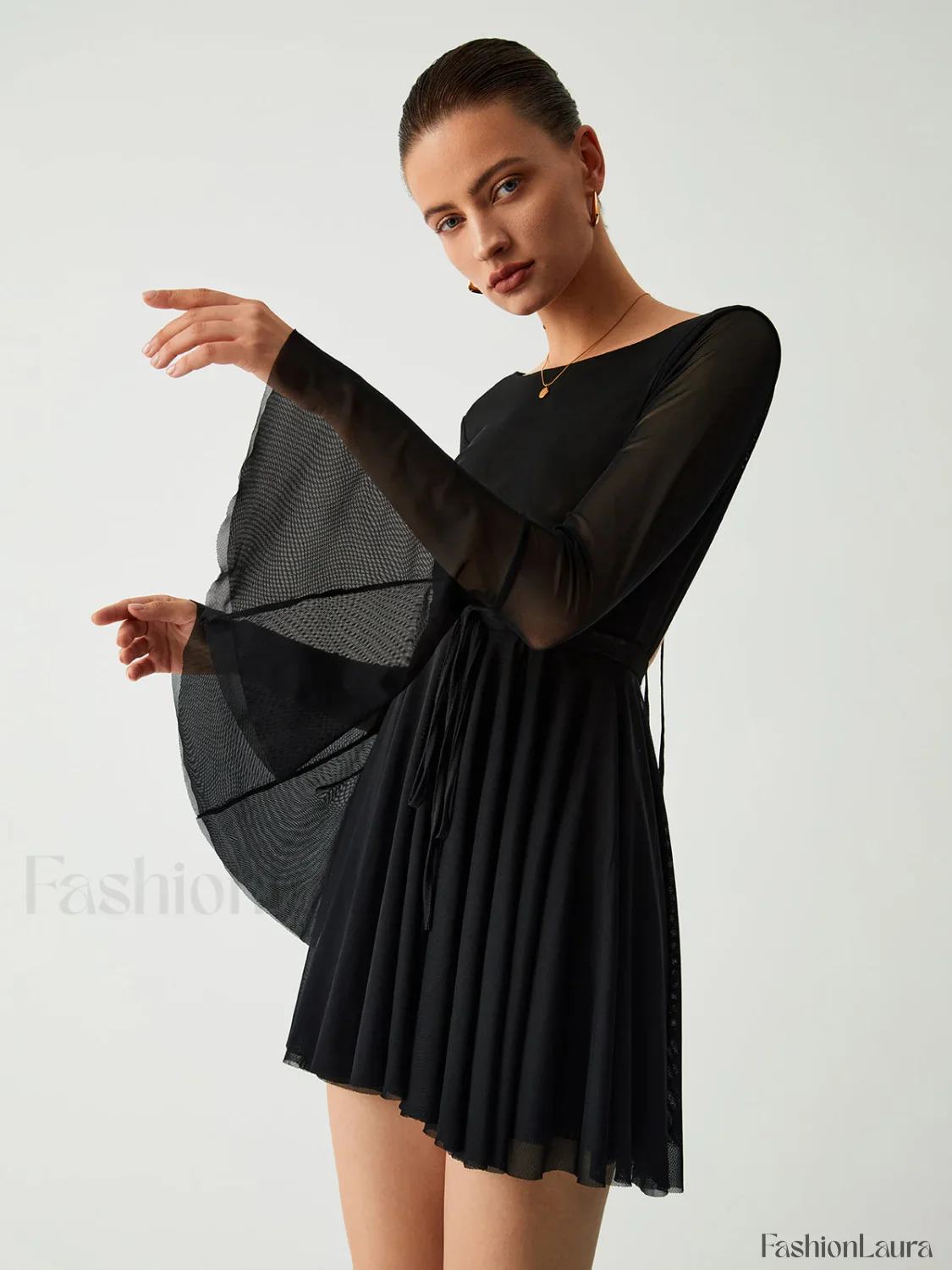 Mesh Flare Sleeve Trendy Open Back Short Dress - Image 11