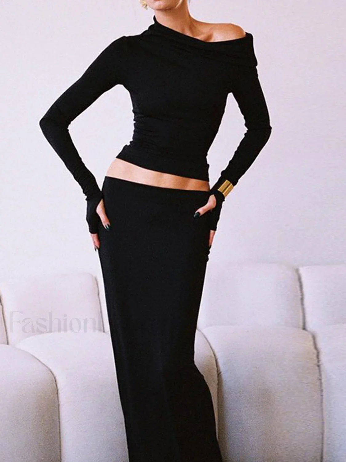 Matte Jersey One Shoulder Modern Off Maxi Skirt Set - Image 4