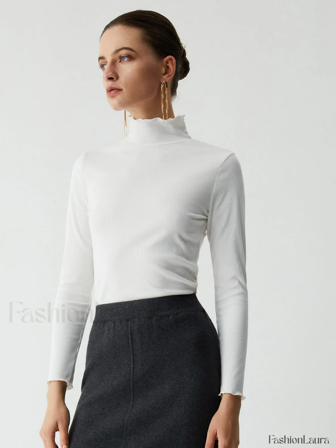 Lettuce Trim Mock Trendy Neck Long Sleeve Shirt - Image 14
