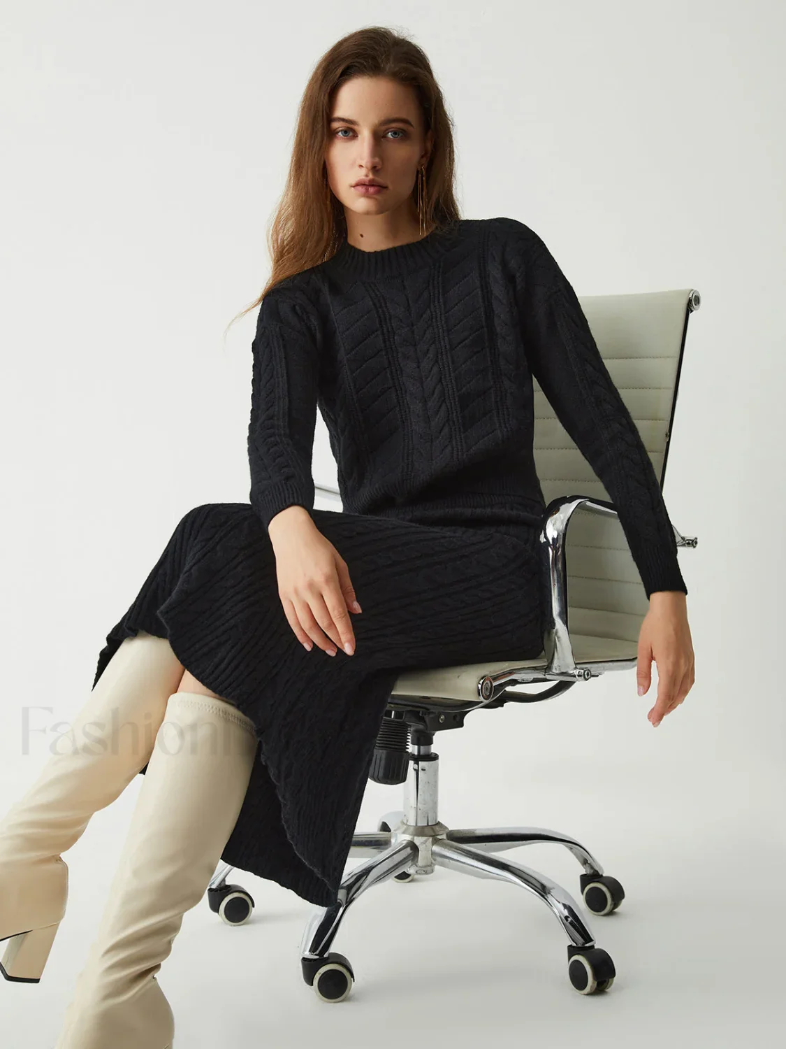 Leisure Cable Knit Long Modern Sleeve Two Piece Skirt Set - Image 10