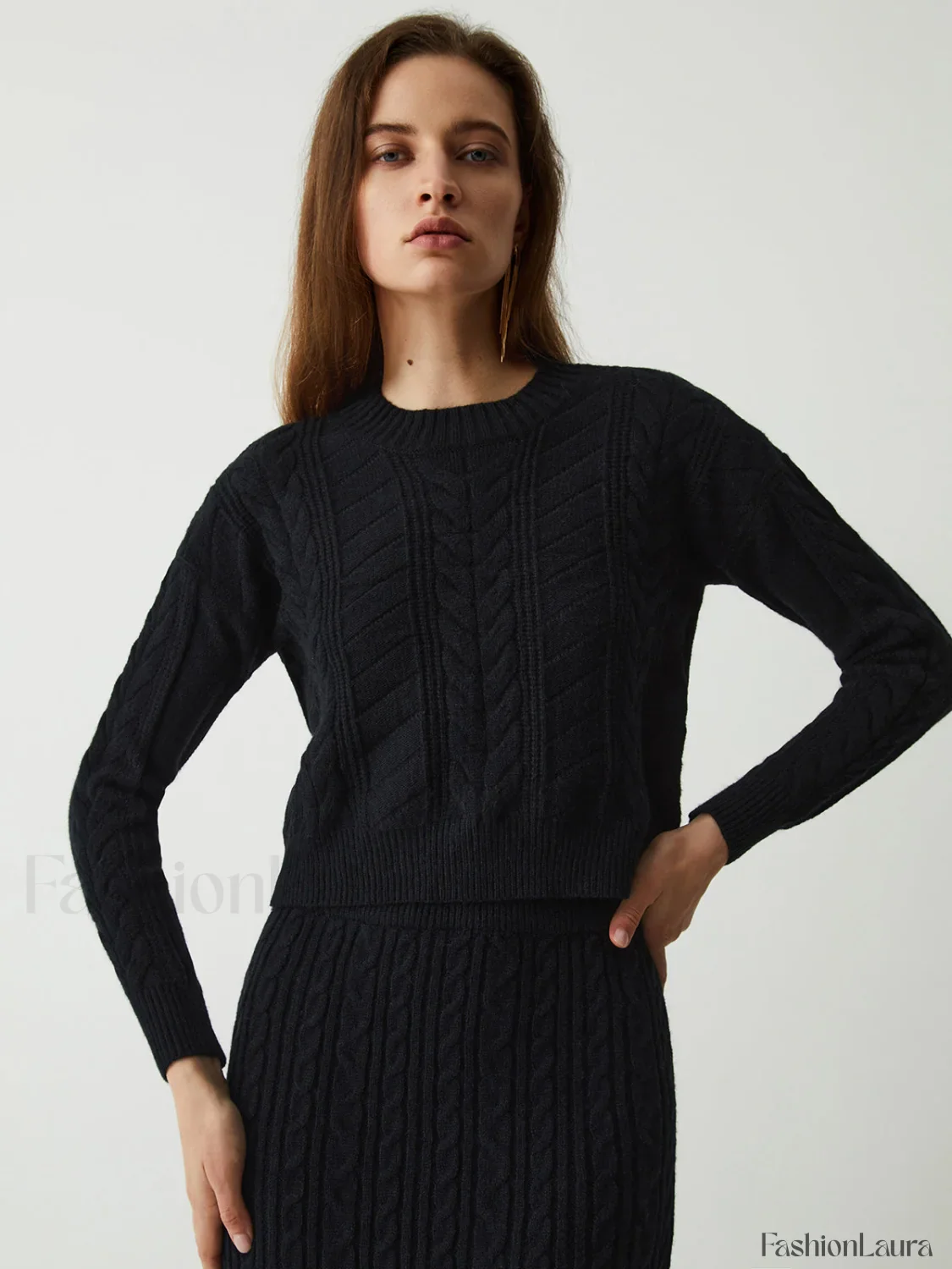 Leisure Cable Knit Long Modern Sleeve Two Piece Skirt Set - Image 12